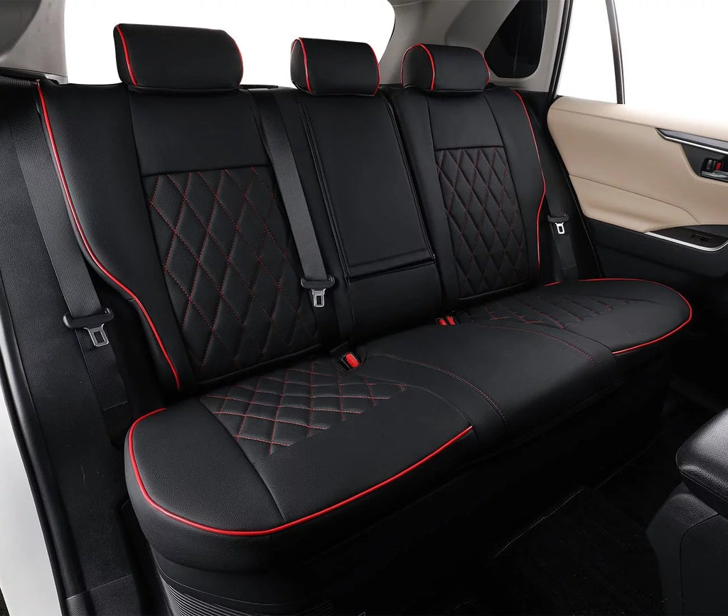 Waterproof Leather Car Seat Covers Full Set Black with Red Piping B50696
