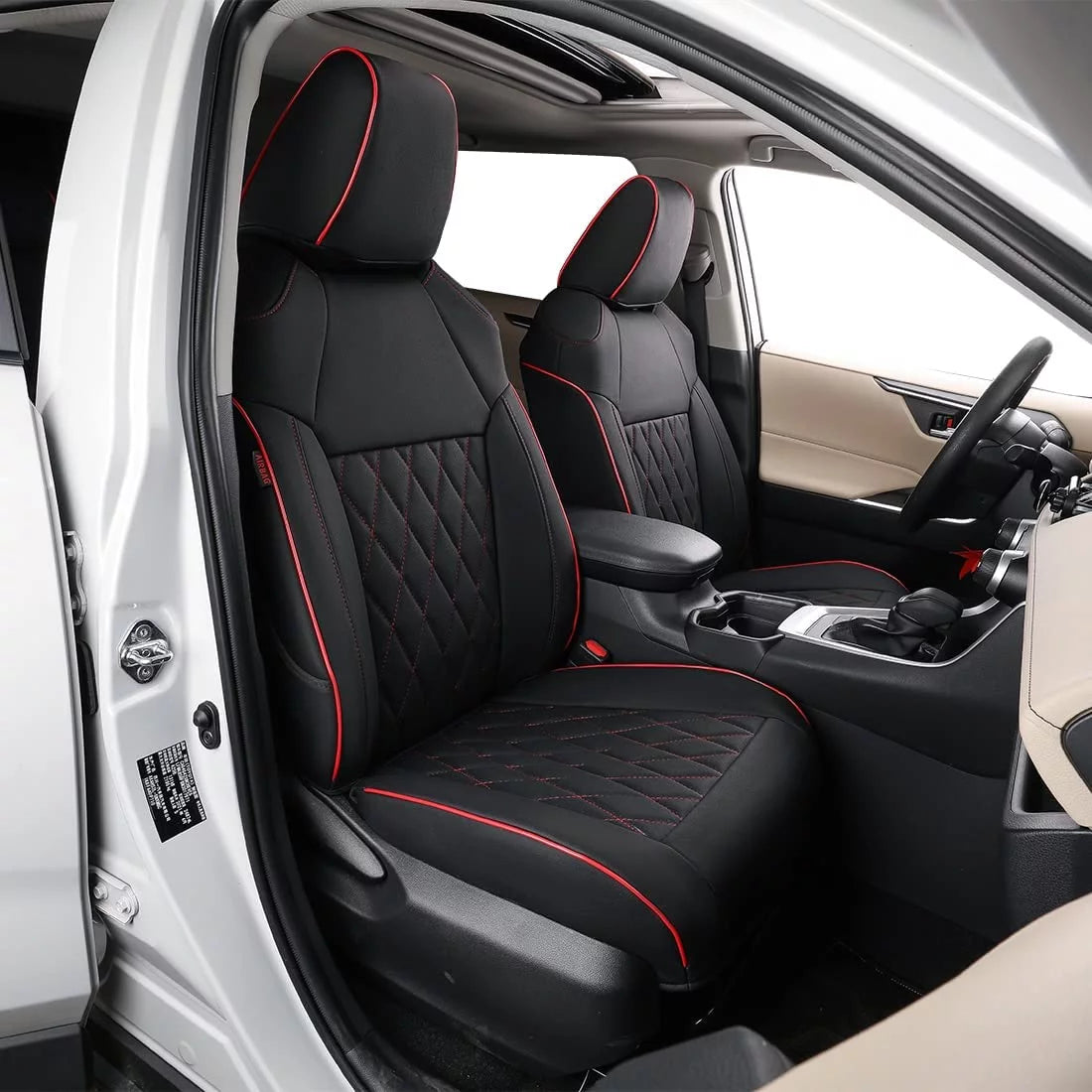 Waterproof Leather Car Seat Covers Full Set Black with Red Piping B50696