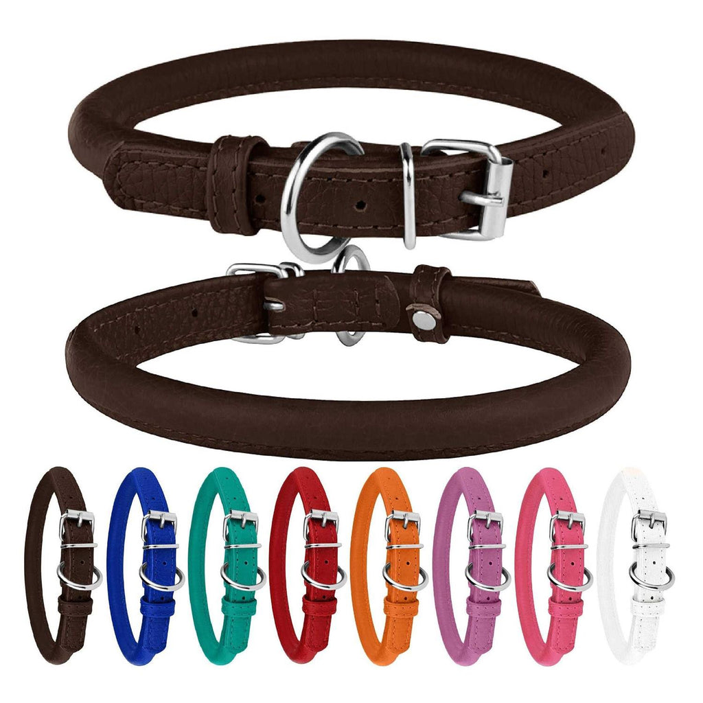 Rolled Leather Dog Collar with QR ID Dog Tag Y422