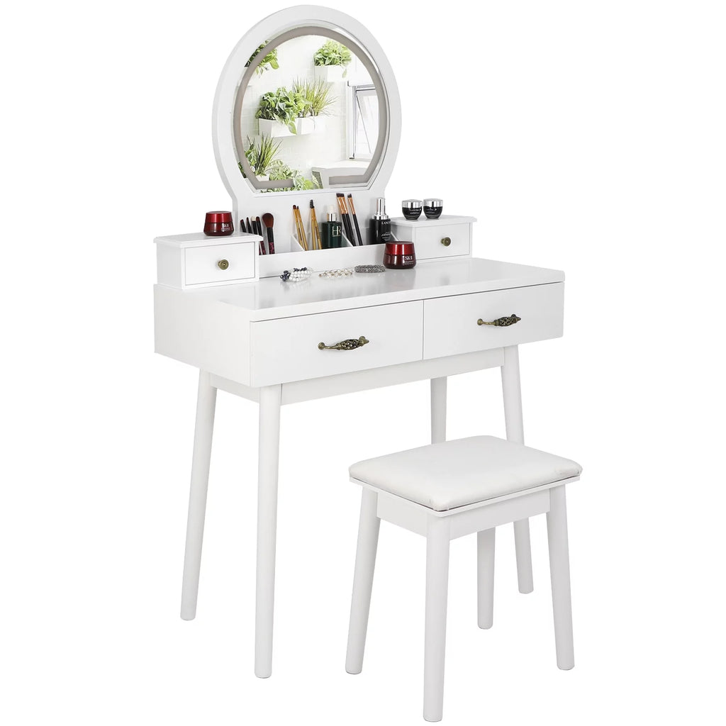 White Vanity Table Set with Lighted Mirror and 4 Drawers B628