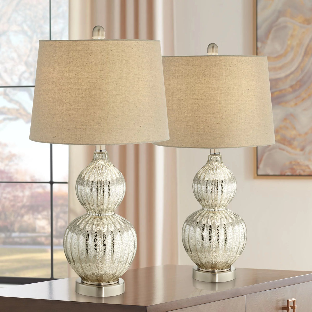25" High Set of 2 Fluted Mercury Glass Table Lamps A1625