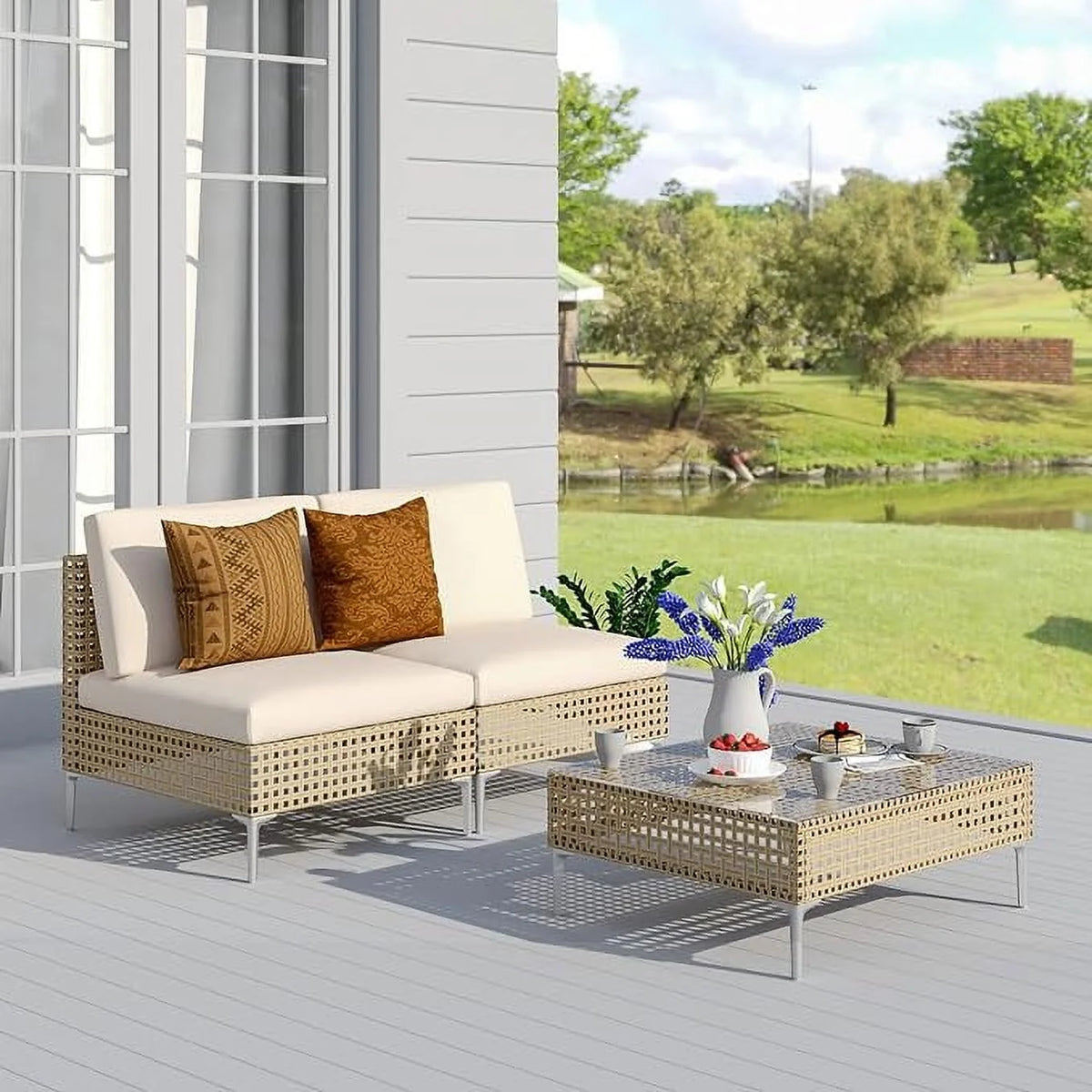 7-Piece Wicker Patio Furniture Set with Beige Cushions and Coffee Table Y721