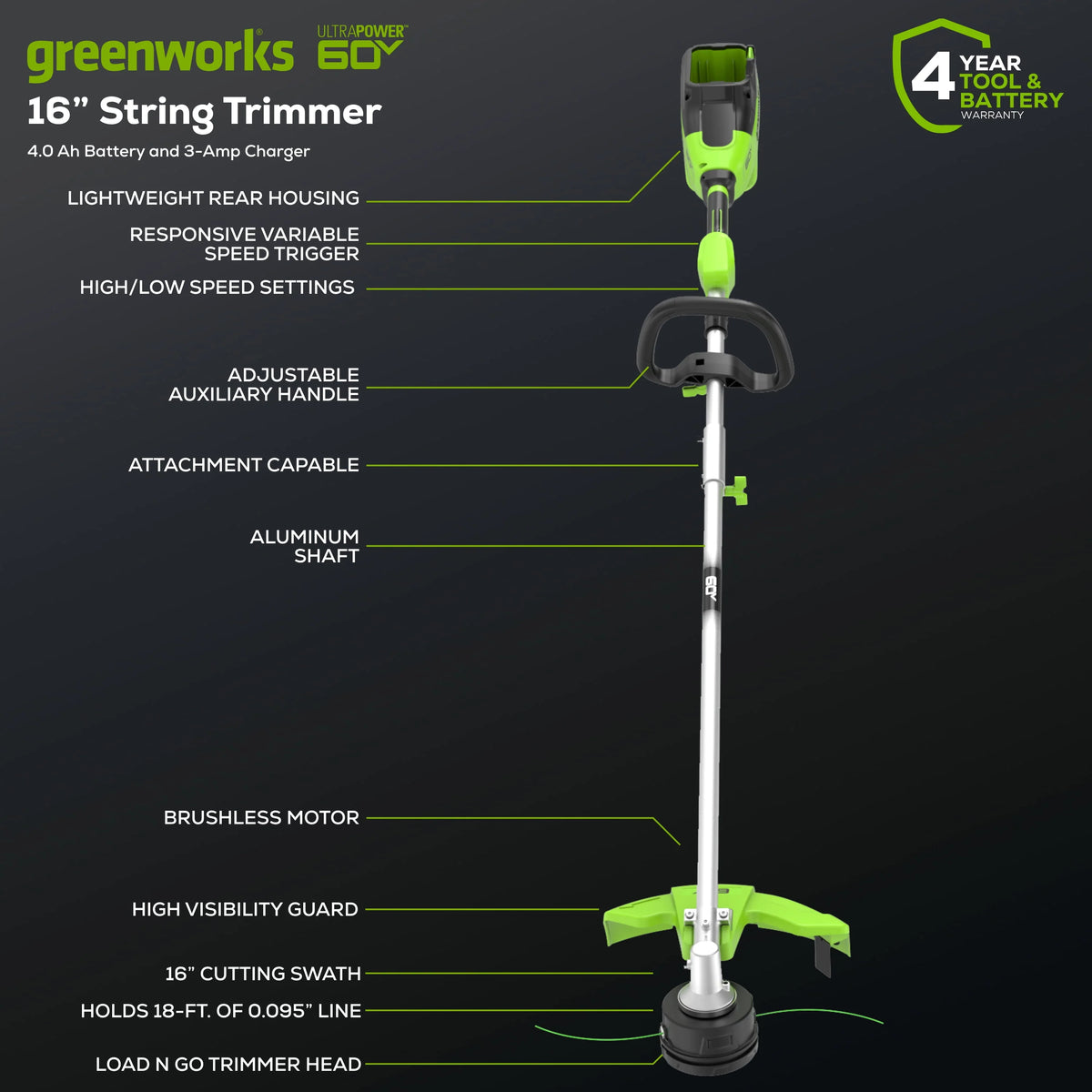 60V 16 String Trimmer with 4.0 Ah Battery & 3 Amp Charger J997