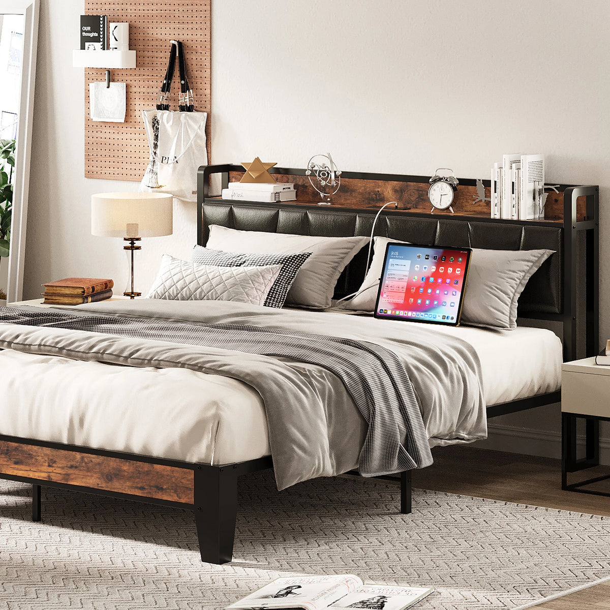 King Metal Bed Frame with Black Storage Headboard F7401