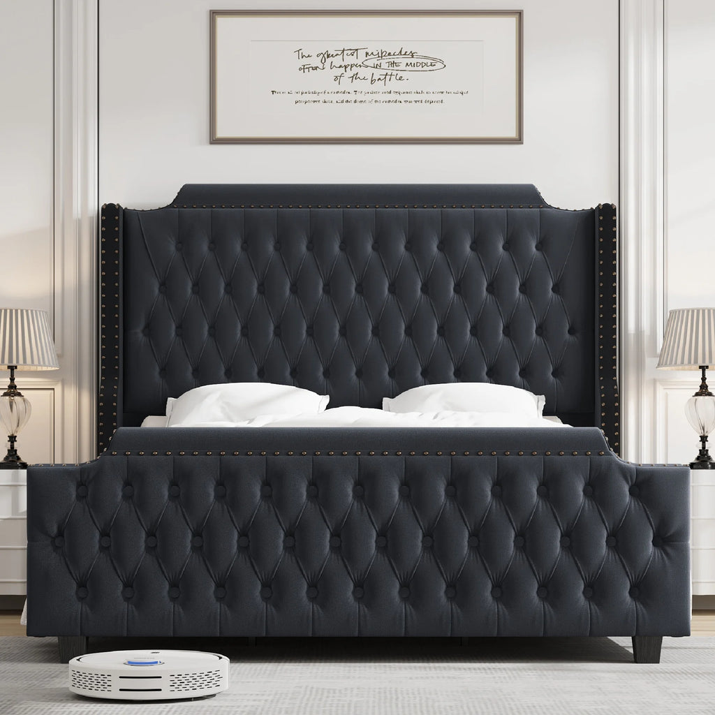 Queen Size Velvet Button Tufted Upholstered Bed with Headboard and Footboard P278