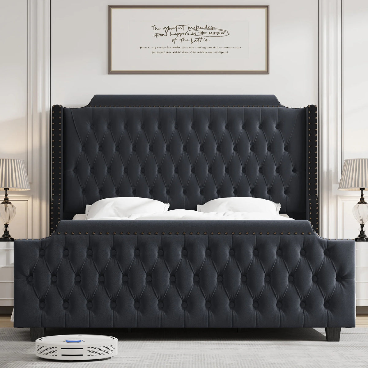Queen Size Velvet Button Tufted Upholstered Bed with Headboard and Footboard P278