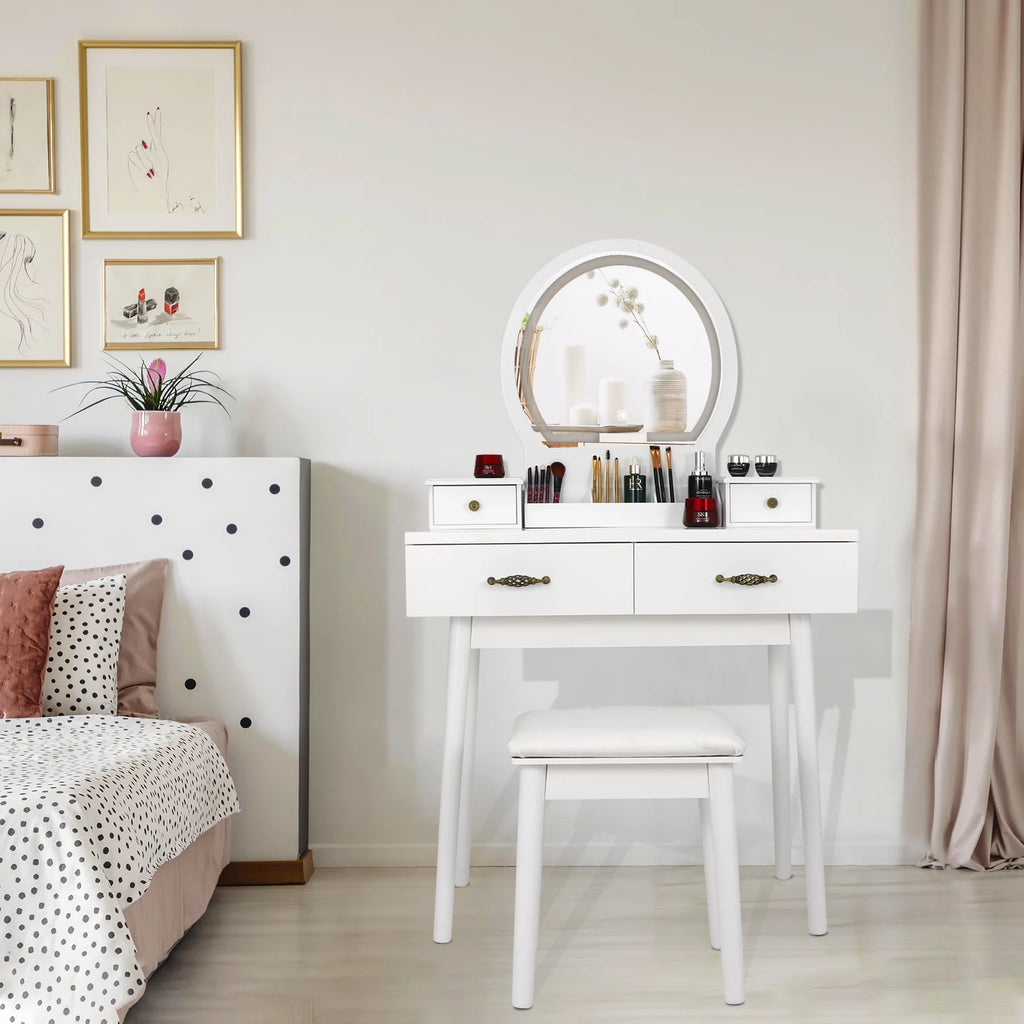 White Vanity Table Set with Lighted Mirror and 4 Drawers B628