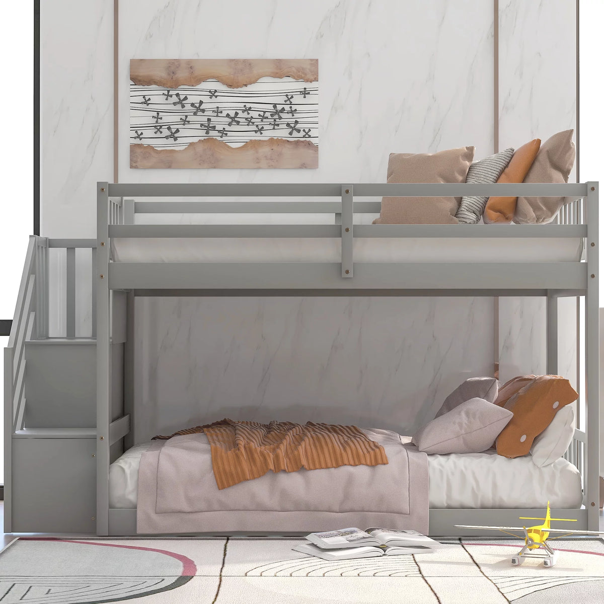 Twin Over Twin Floor Bunk Bed with Ladder and Storage Gray E407752