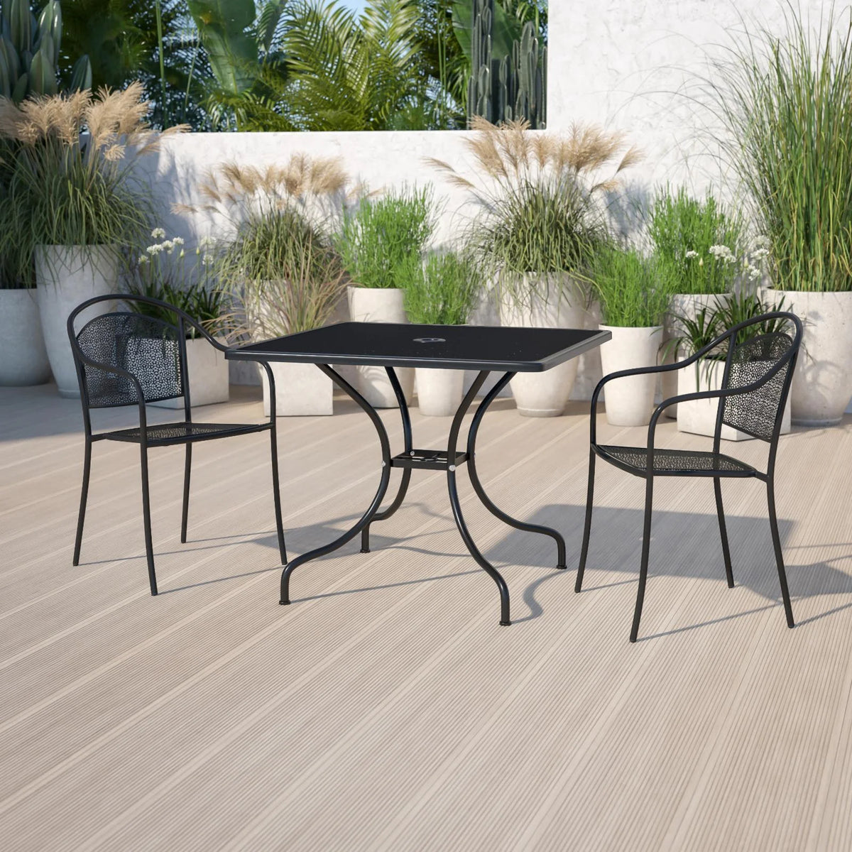 Square Black Steel Patio Table with Umbrella Hole E444027