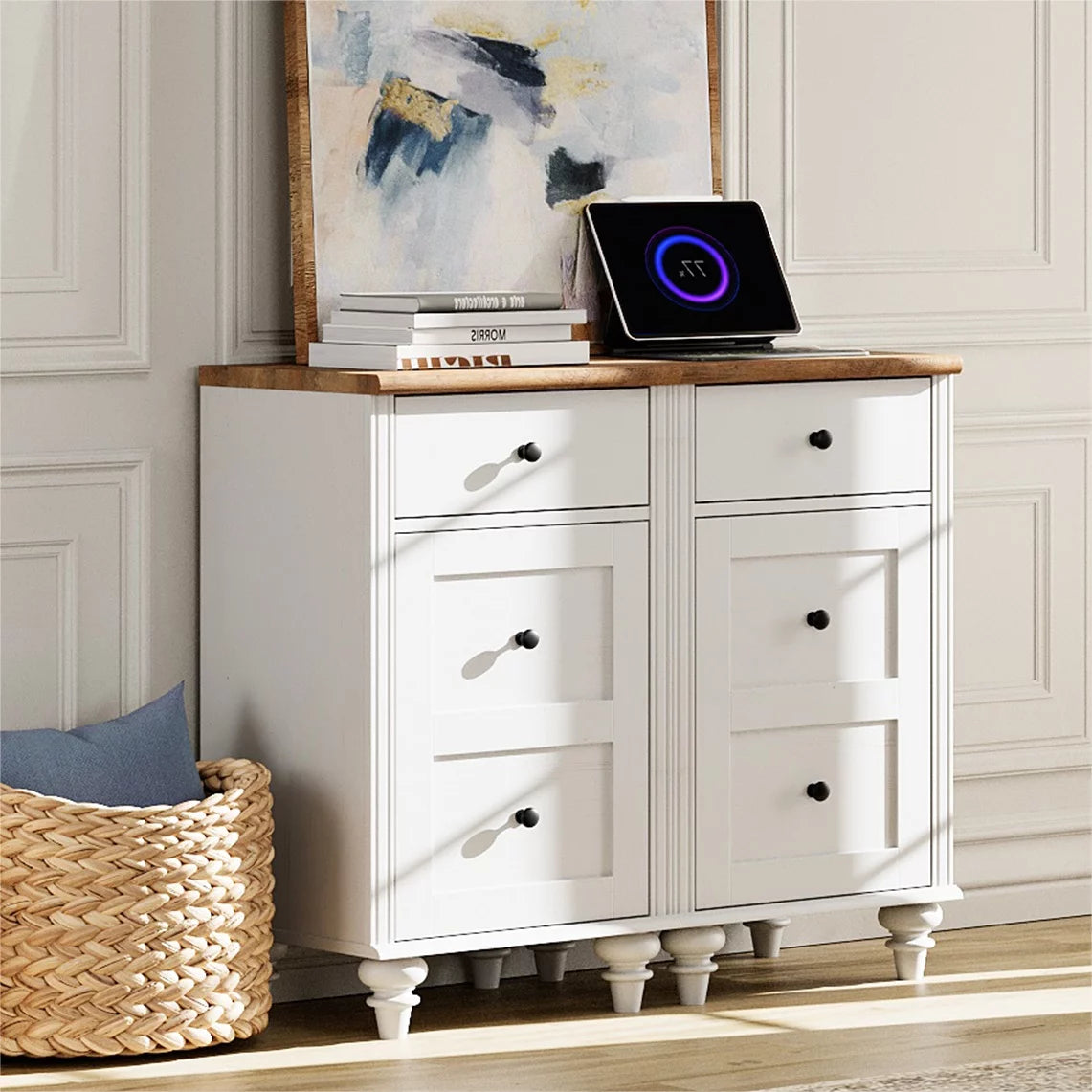 White and Oak 2 Drawer Nightstand with Open Shelf T157301