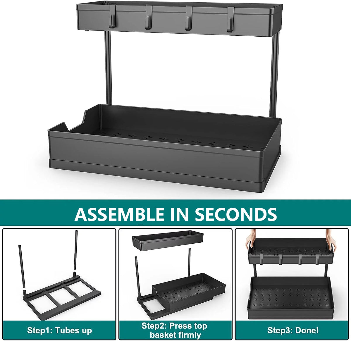 2 Tier L-Shape Under Sink Organizer with Hooks B4087