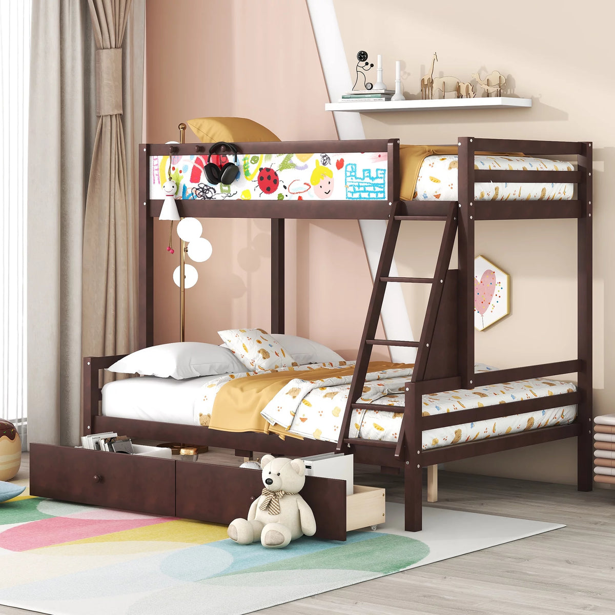Twin over Full Wood Bunk Bed with Ladder, Guardrail, Whiteboard, 3 Hooks and 2 Drawers X429820