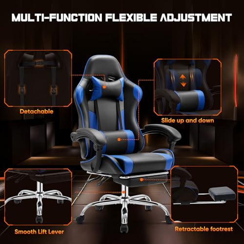 Blue PU Leather Recliner Gaming Chair with Footrest G413
