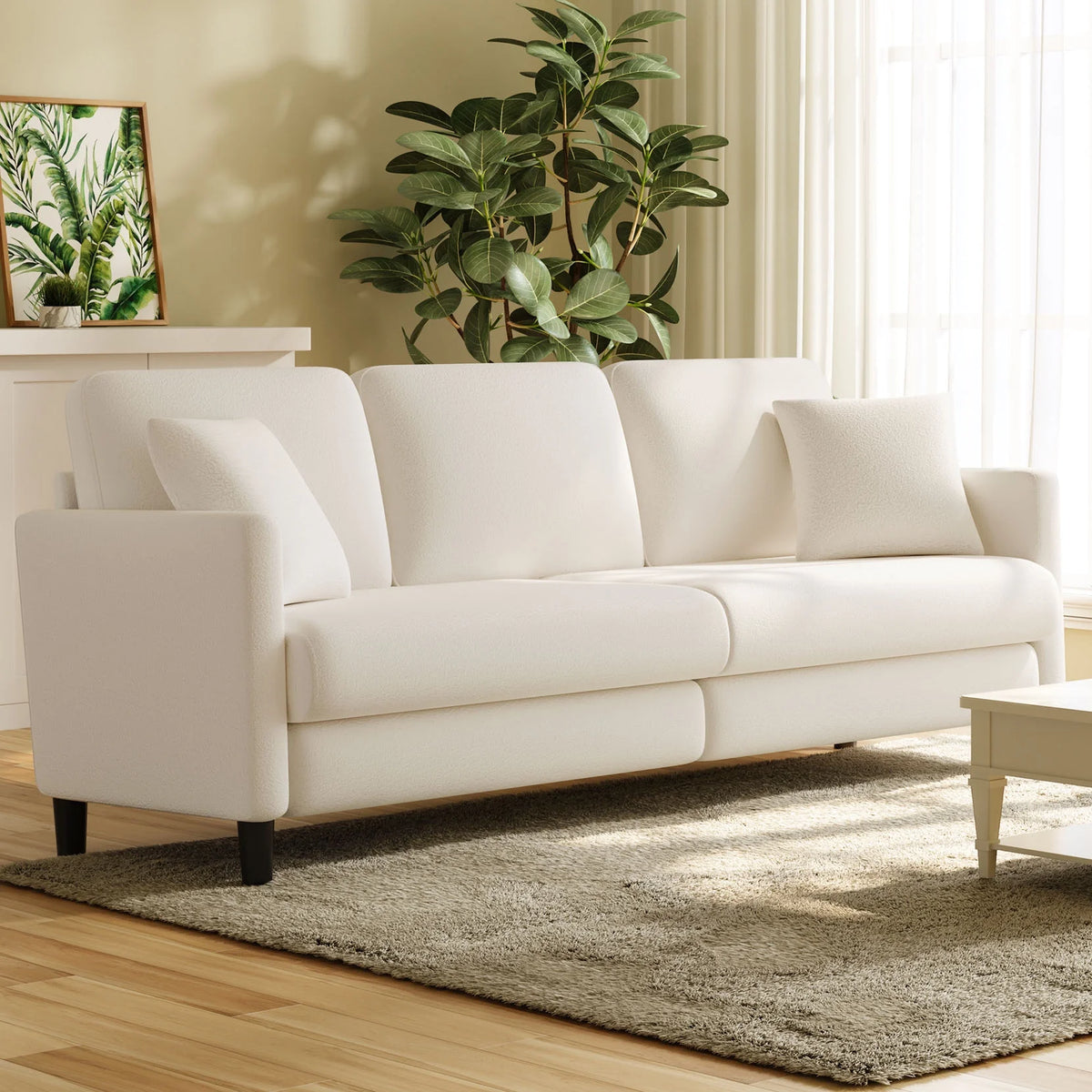 Off-White Velvet 3 Seater Sofa with 2 Pillows L868753