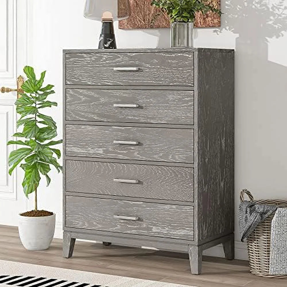 Grey 5-Drawer Dresser Chest of Drawers with Metal Handles N192