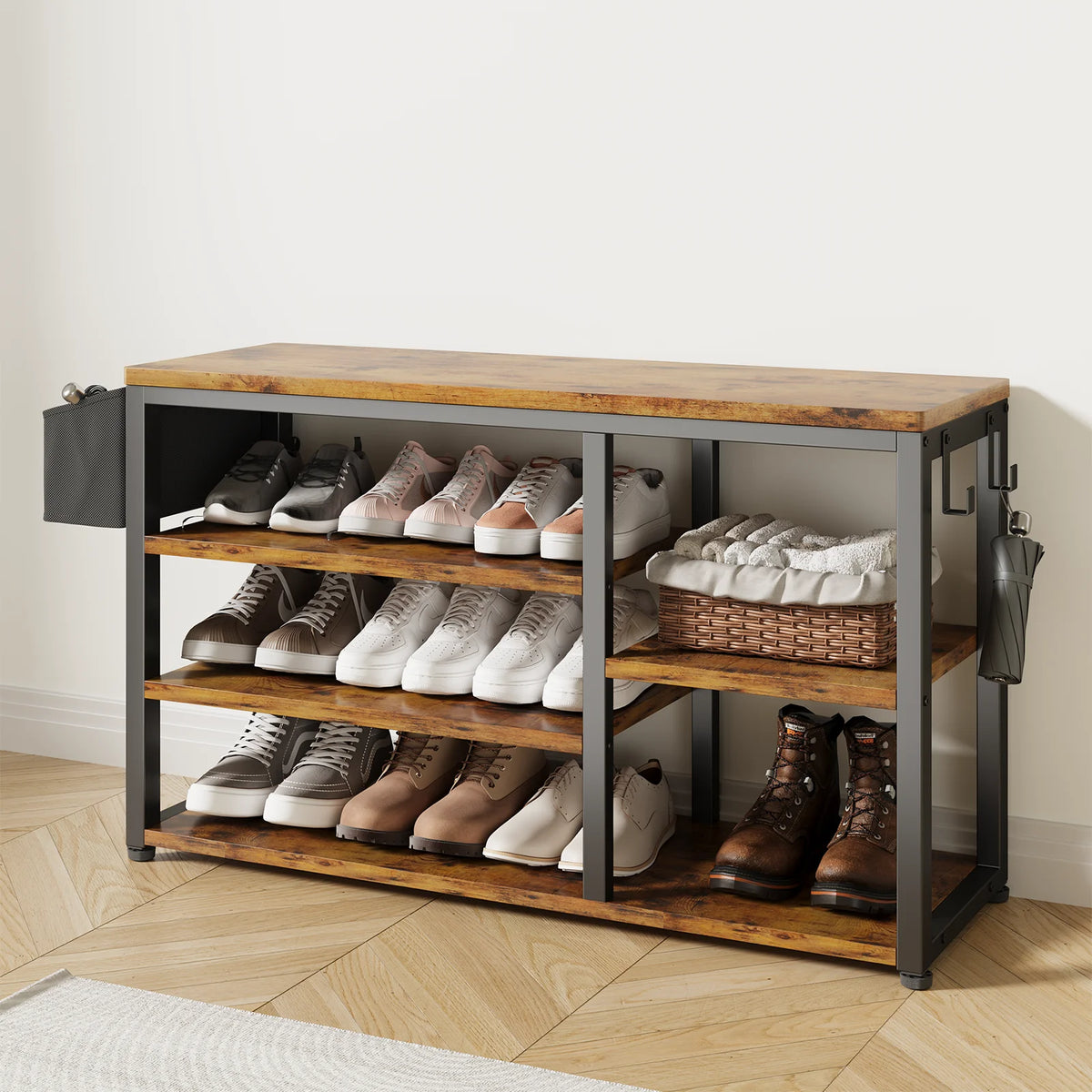Hall Tree with Bench and Shoe Storage, 5 Hooks, Rustic Brown F3119