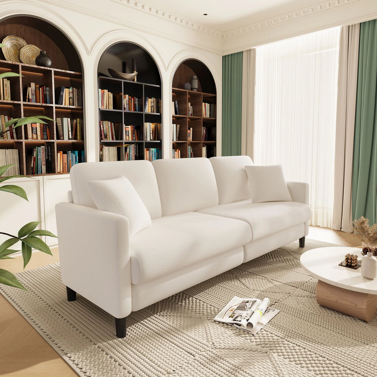 Off-White Velvet 3 Seater Sofa with 2 Pillows L868753