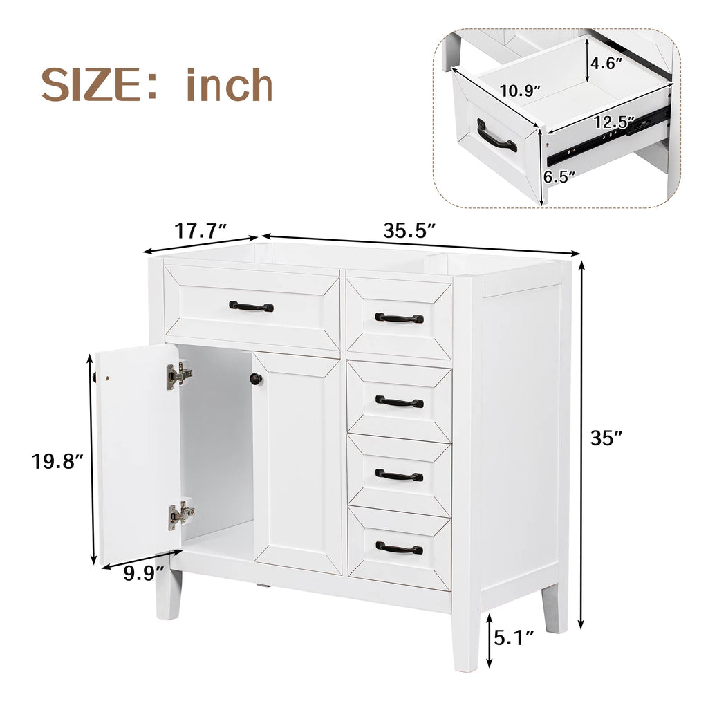 36" White Single Bathroom Vanity with 2 Doors & 3 Drawers A95733