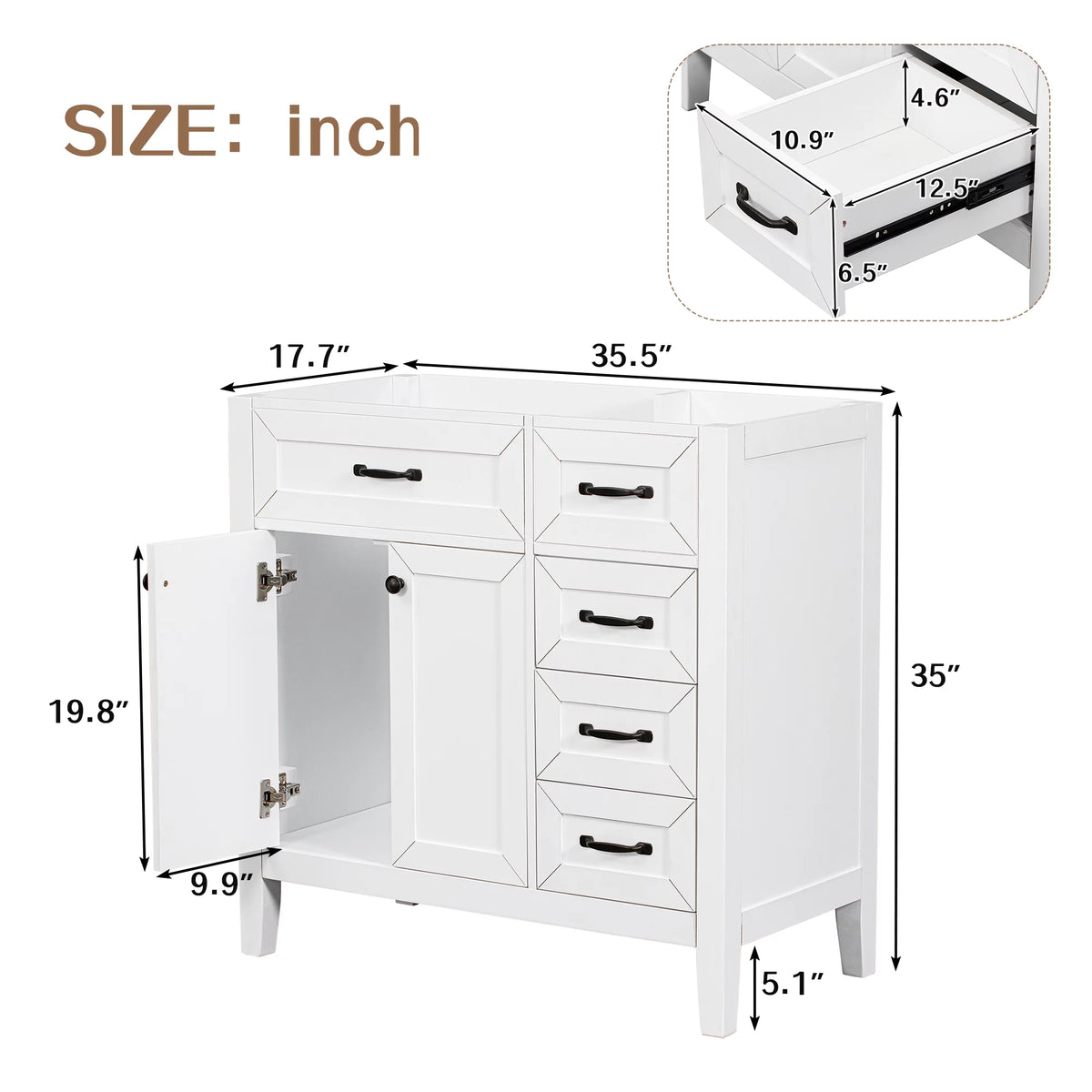 36" White Single Bathroom Vanity with 2 Doors & 3 Drawers A95733