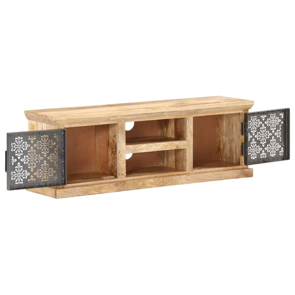Mango Wood TV Stand with 2 Steel Doors and Open Storage Shelves C3905
