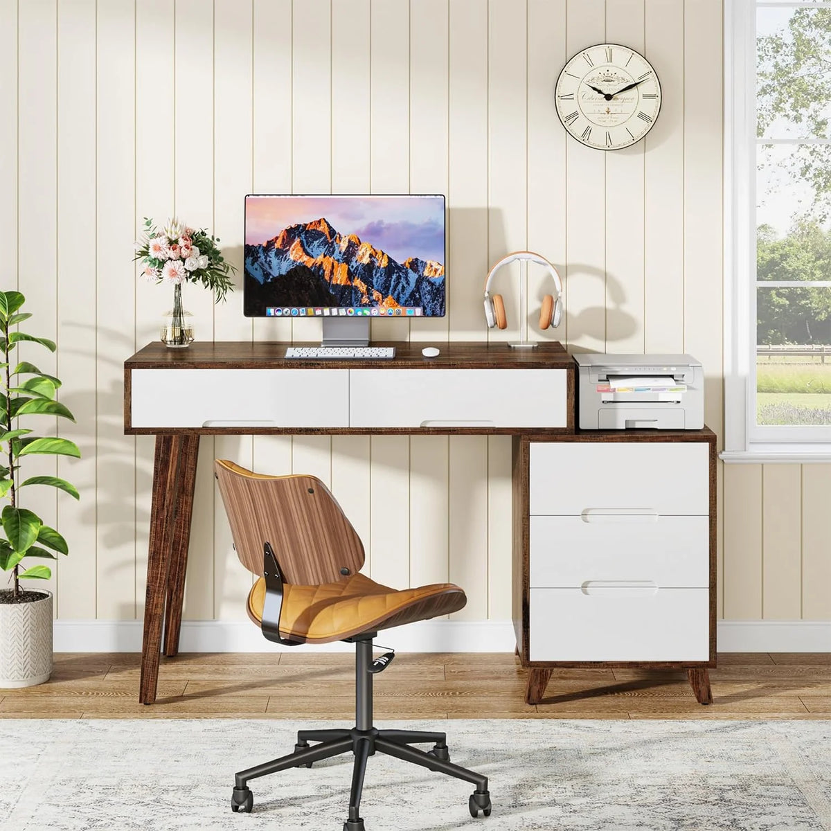 Modern Computer Desk with 5 Drawers, Reversible Study Writing Table, Brown & White K7458