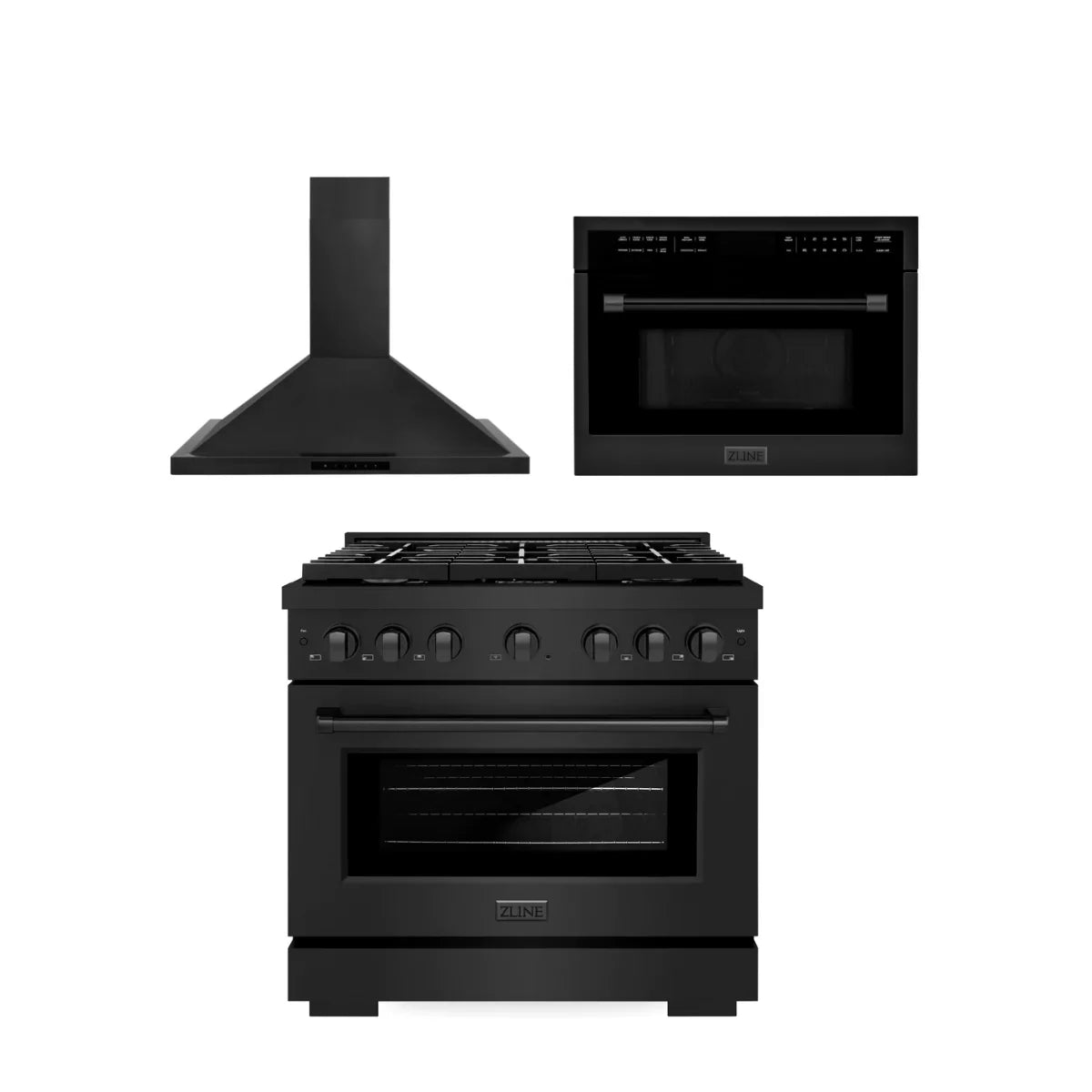 36 in. Gas Range, Range Hood, Microwave Oven Black Stainless Steel W5645