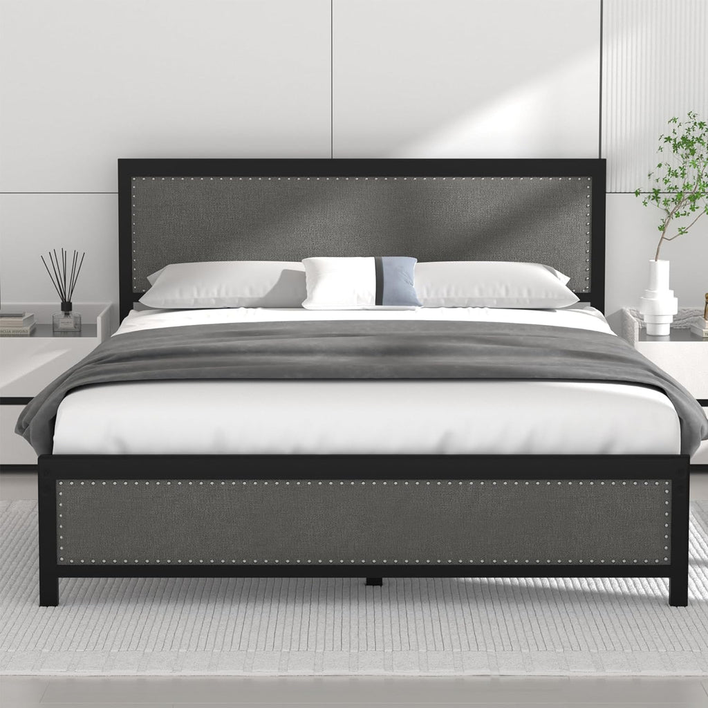 Twin Bed Frame with Upholstered Linen Headboard and Footboard L13561