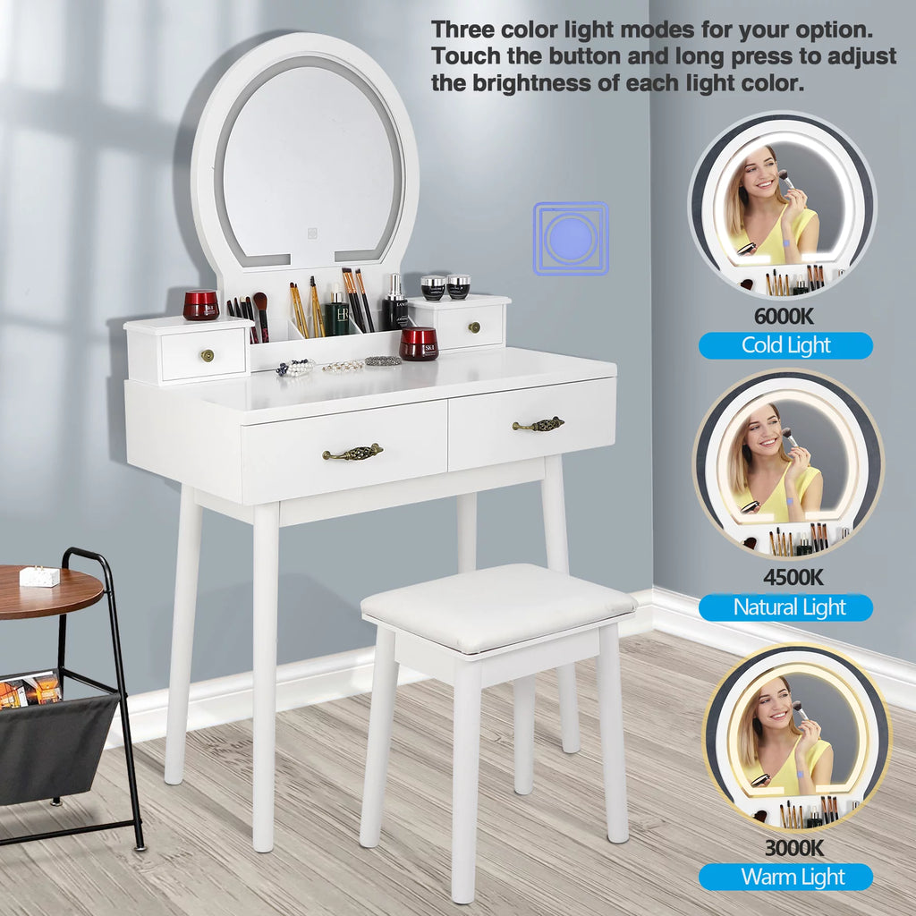 White Vanity Table Set with Lighted Mirror and 4 Drawers B628