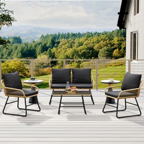 4 Piece Wicker Patio Furniture Set with Cushion and Pillow U762