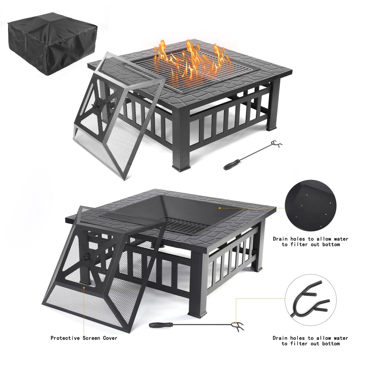 32 Square Iron Wood Burning Fire Pit with BBQ Net Y431