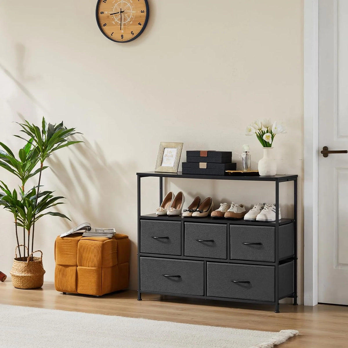 5 Fabric Drawer Dresser with Wood Top and Steel Frame B1491