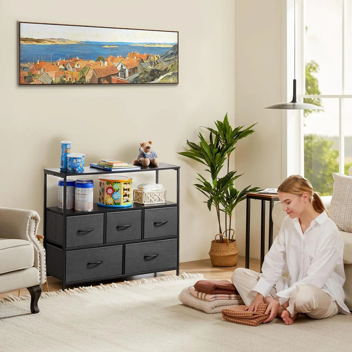 5 Fabric Drawer Dresser with Wood Top and Steel Frame B1491