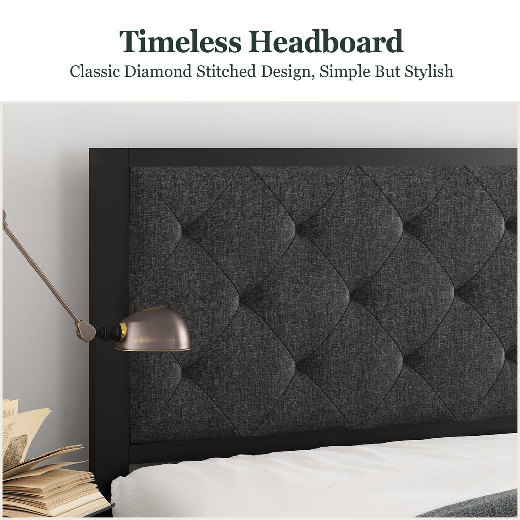 King Size Metal Bed Frame with Upholstered Headboard L441