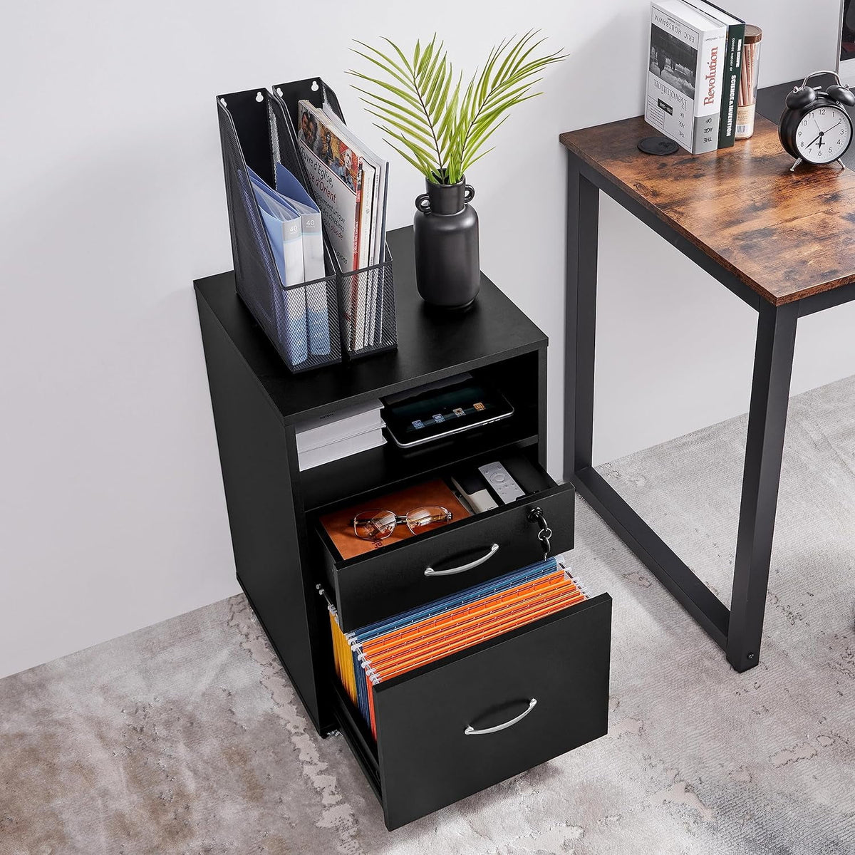 2pcs Mobile File Cabinet Letter Size Filing Cabinet with Printer Stand Black Rustic Brown R870056