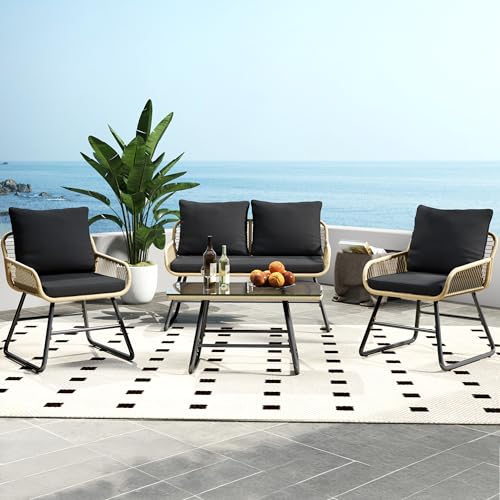 4 Piece Wicker Patio Furniture Set with Cushion and Pillow U762