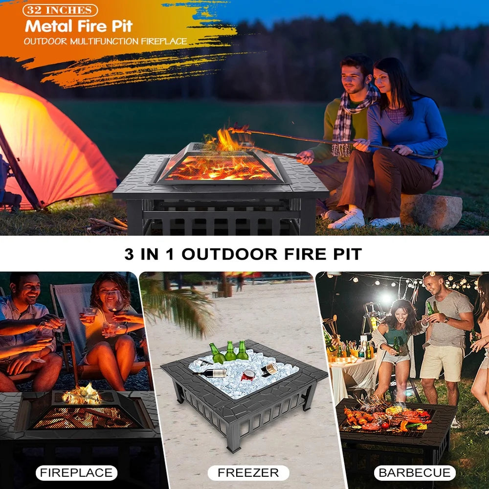 32 Square Iron Wood Burning Fire Pit with BBQ Net Y431