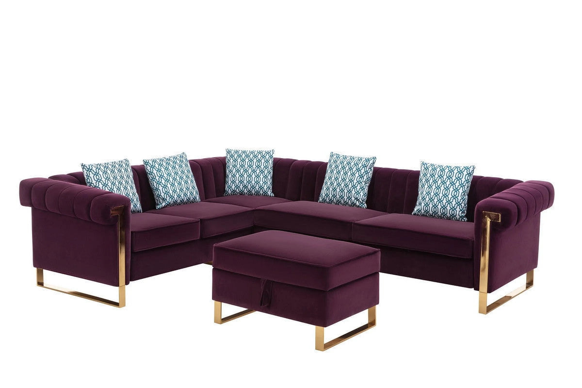 Purple Velvet 6-Seater Sectional Sofa with Storage Ottoman R7833