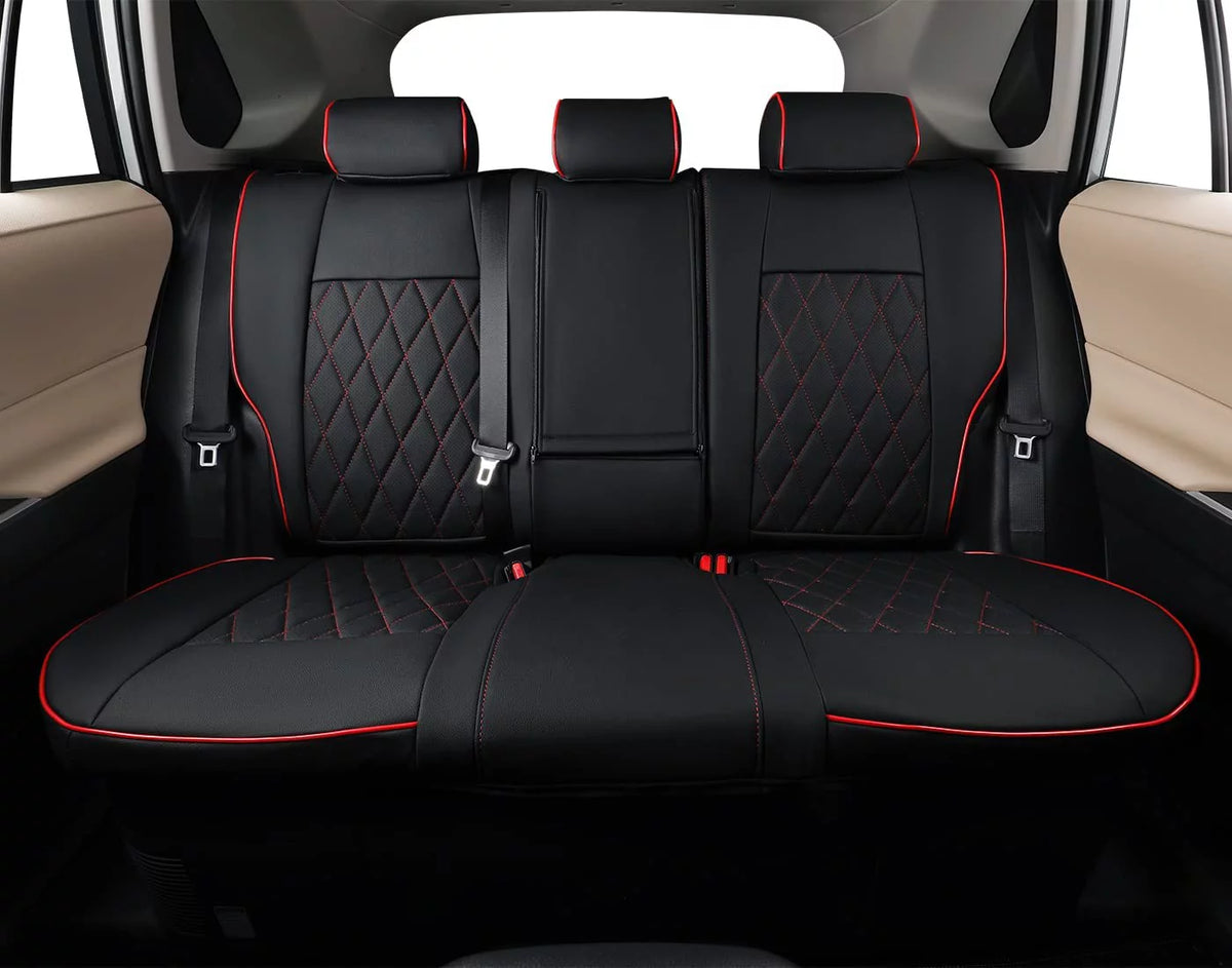 Waterproof Leather Car Seat Covers Full Set Black with Red Piping B50696