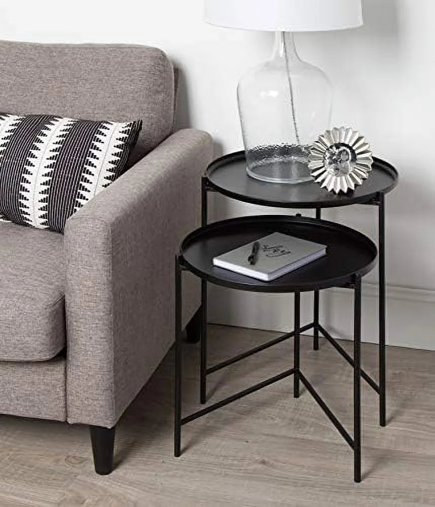 Set of 2 Natural Wood and Black Metal End Tables S184