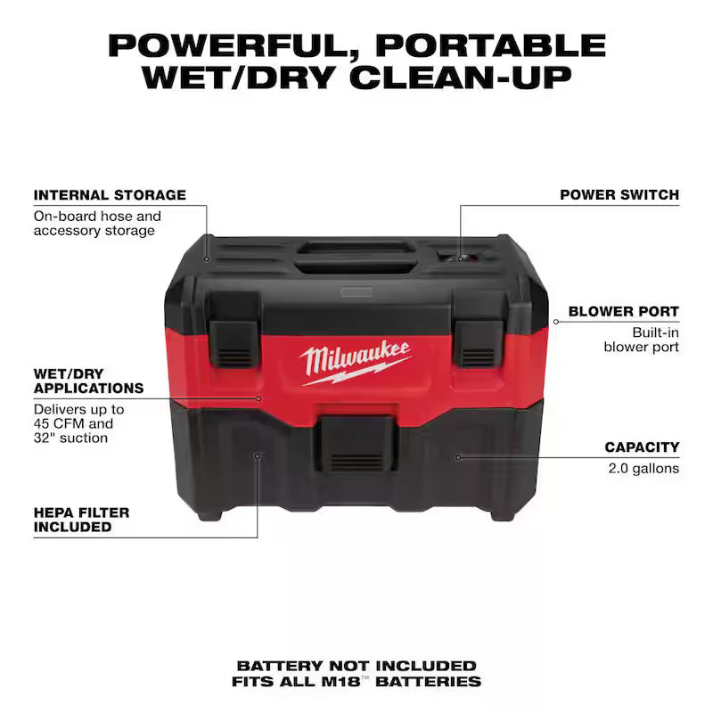 18-Volt 2 Gal. Cordless Wet/Dry Vacuum with Brush and Crevice Kit N605093