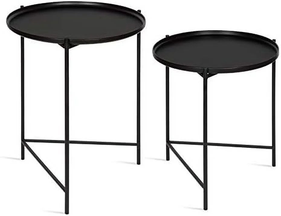 Set of 2 Natural Wood and Black Metal End Tables S184