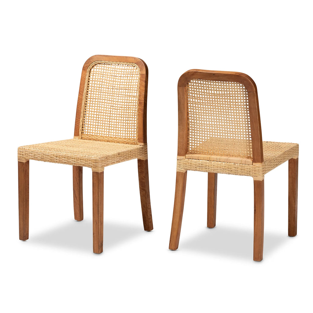 Walnut Brown Wood and Natural Rattan 2-Piece Dining Chair Set C18583