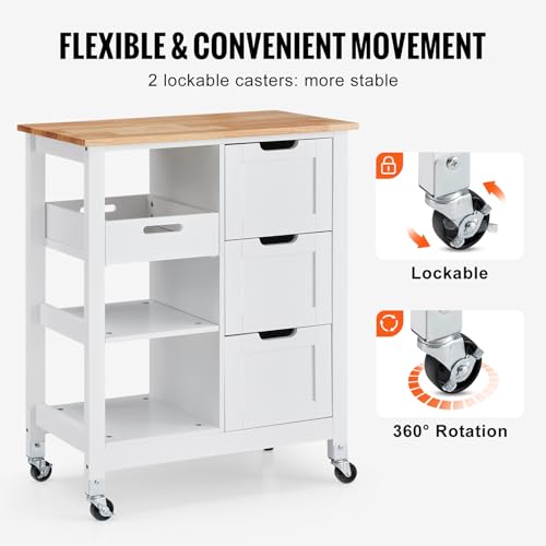 White 26 inch Rolling Kitchen Island Cart with 3 Drawers and Shelves K12249