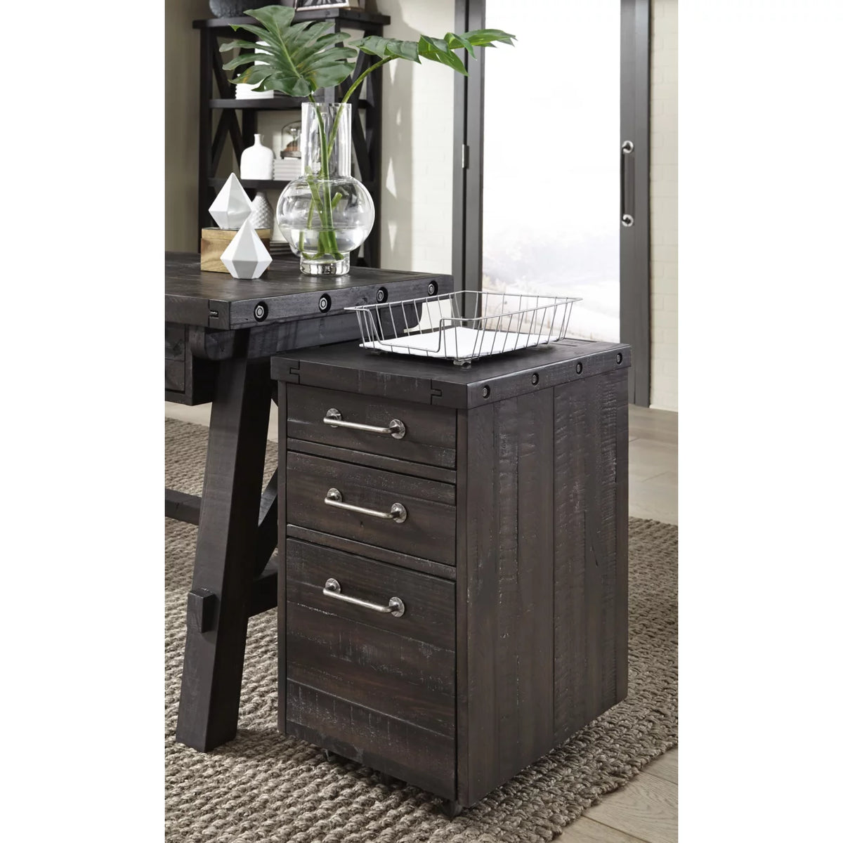 Cafe Brown Solid Pine Wood File Cabinet with Rolling Casters S821