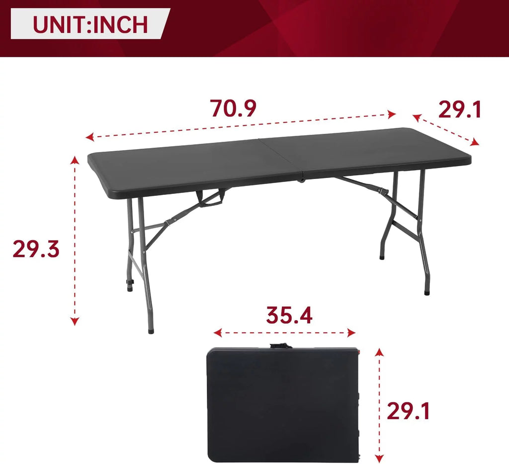 6ft Black Plastic Folding Table with Carrying Handle M19329