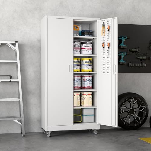 73" Black Metal Storage Cabinet with Wheels and 4 Adjustable Shelves W32116