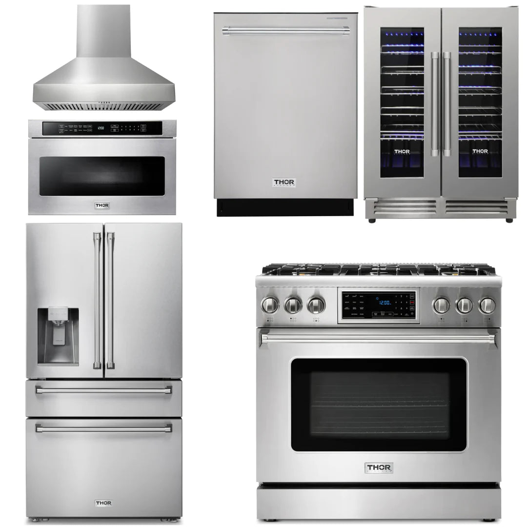36 Gas Range, Range Hood, Microwave, Refrigerator, Dishwasher, Wine Cooler A2173