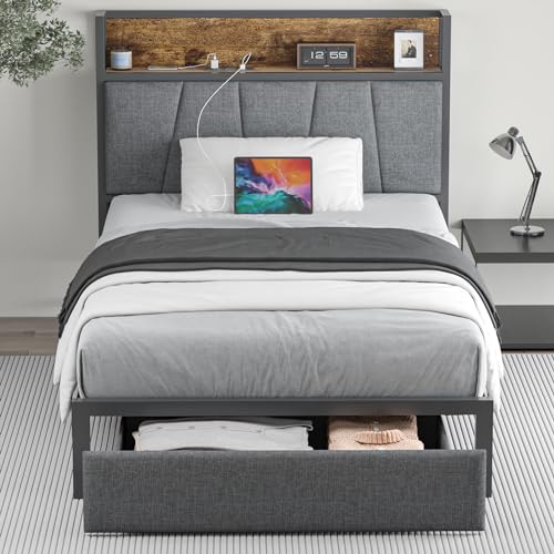 Twin Size Storage Platform Bed Frame with Headboard B83199