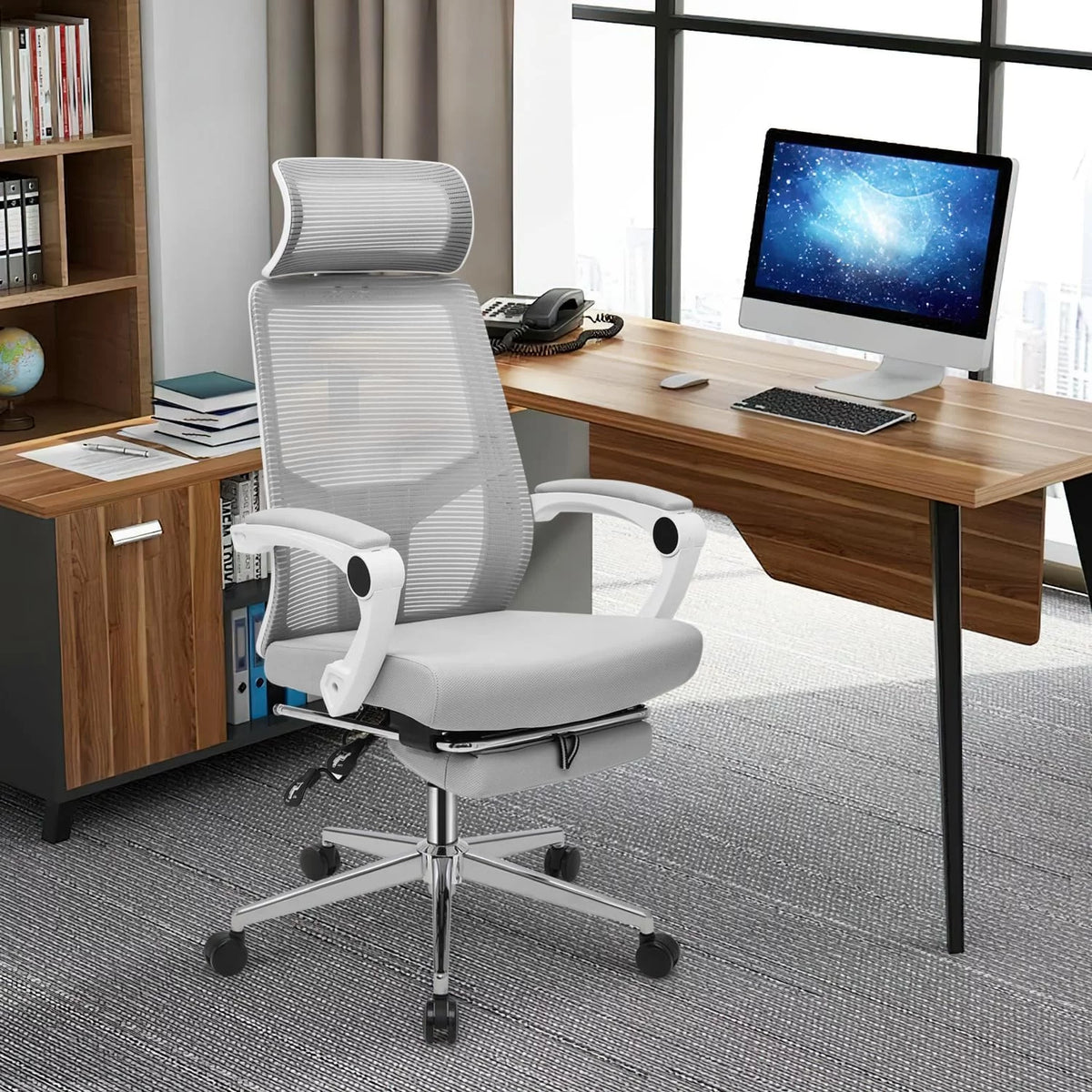 Grey Ergonomic High Back Mesh Office Chair with Footrest X5687