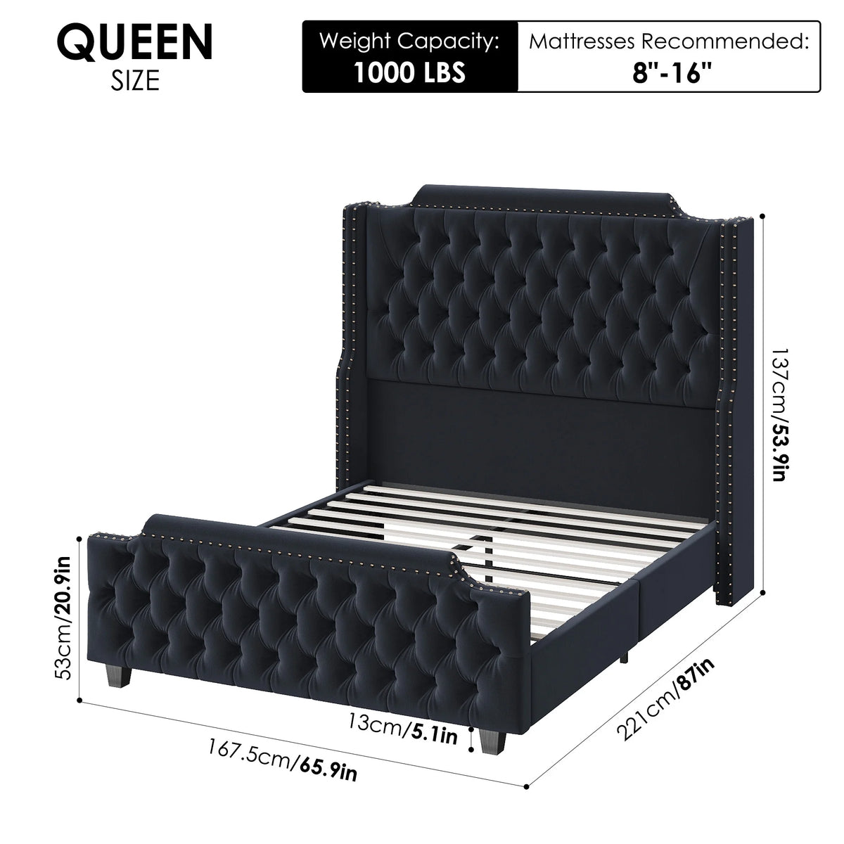 Queen Size Velvet Button Tufted Upholstered Bed with Headboard and Footboard P278